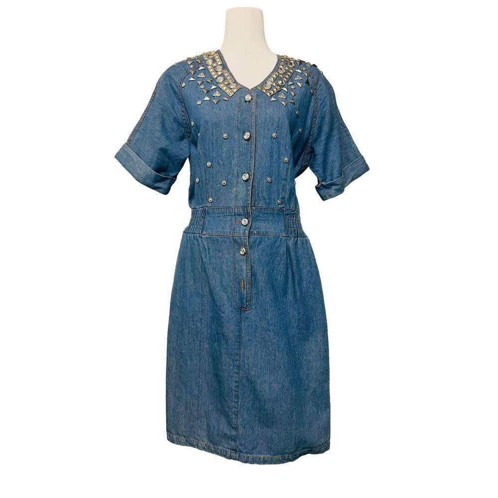 Styleworks Vintage Denim Button Front Rhinestone Dress‎ Size M Cotton Y2K 90s